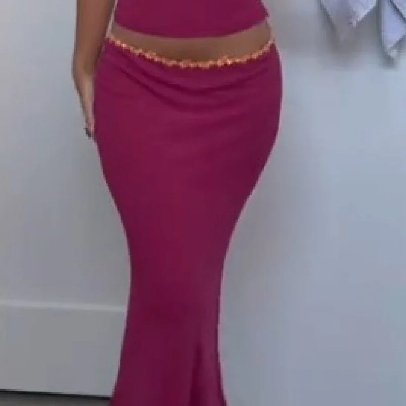 Women's Stylish Sexy Halter Crop Corset 2026 Low Waist 2 Piece Sets Summer Trendy Back Lace Mermaid Skirt Beach Party Outfits