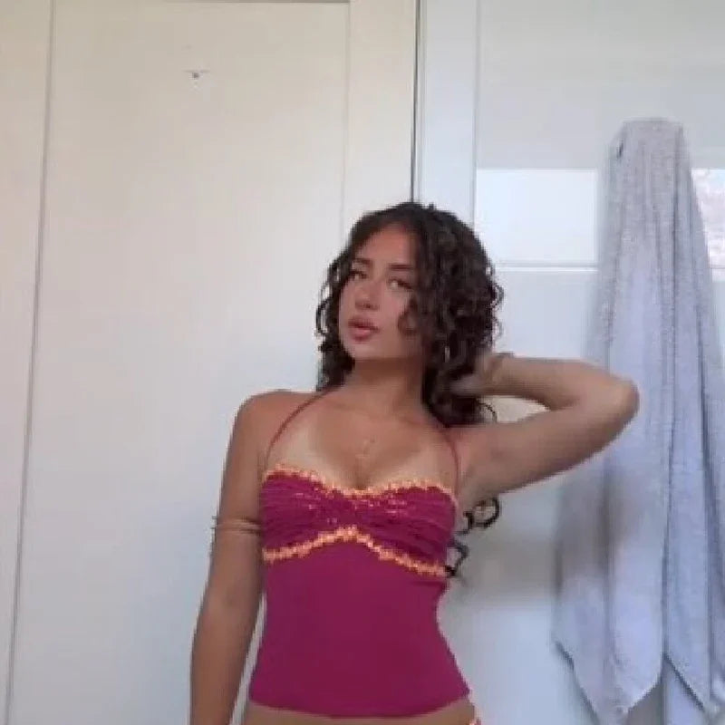 Women's Stylish Sexy Halter Crop Corset 2026 Low Waist 2 Piece Sets Summer Trendy Back Lace Mermaid Skirt Beach Party Outfits